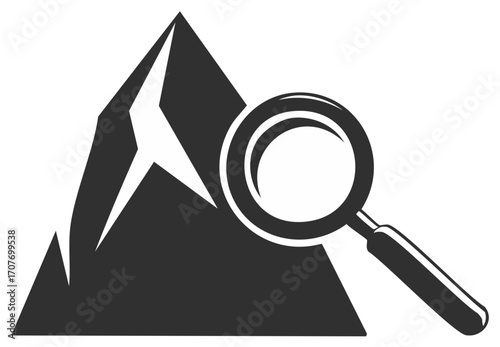 Mountain Peak Exploration and Discovery Icon with Magnifying Glass