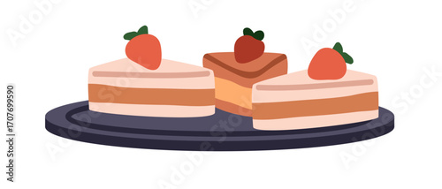 Cake pieces on plate. Sweet dessert slices with strawberry decoration. Sugar food, tasty pastry. Cream layered treats, yummy patisserie. Flat vector illustration isolated on white background