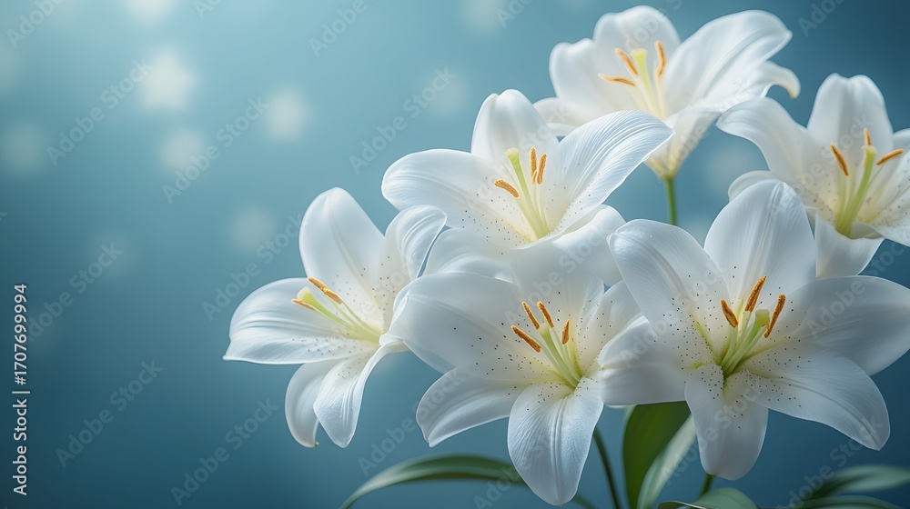 Naklejka premium Beautiful white lilies arranged elegantly in soft lighting against a blue background, creating a serene atmosphere