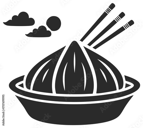 Monochrome Illustration of Asian Dumplings with Chopsticks Under Clouds and a Sun
