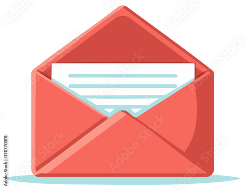 Vector illustration of a red open envelope with a letter inside representing mail and communication