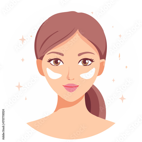 Illustration of a smiling woman with glowing skin using under eye patches for her beauty routine
