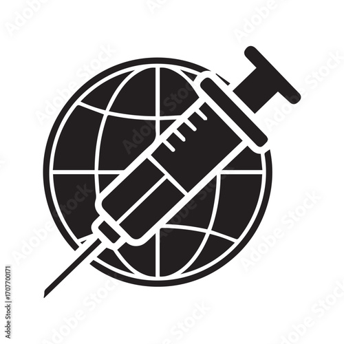 Global vaccination icon. Syringe on a globe symbol representing worldwide immunization, pandemic prevention, and international public health.
