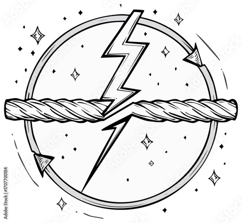 Lightning Bolt Splits Braided Wire in Circular Frame with Stars and Arrows