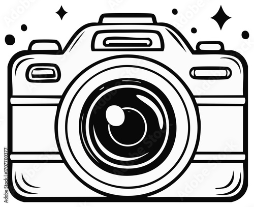 Black and white illustration of a professional camera with a shiny lens and sparkle elements