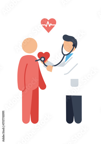 Flat vector icon of a physician conducting a cardiac examination on a patient with a stethoscope, symbolizing healthcare, wellness, and medical diagnosis