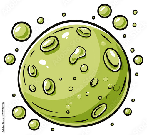 Cartoon green planet with craters and bubbles for science fiction or childish concepts