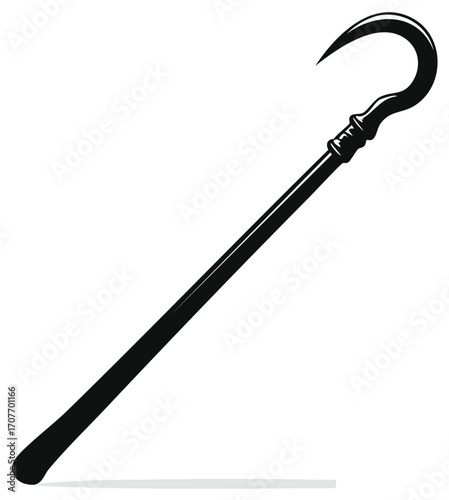 Elegant Black Walking Stick with Hook Silhouette, Carved Handle