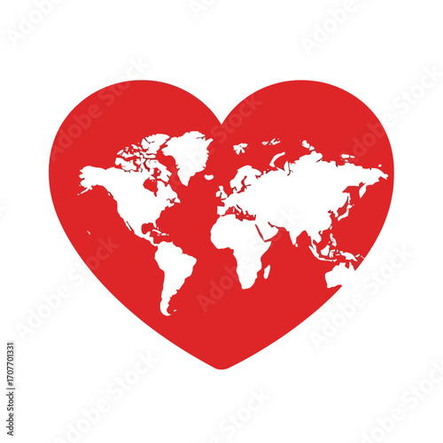 A red heart-shaped world map, symbolizing global love and unity.