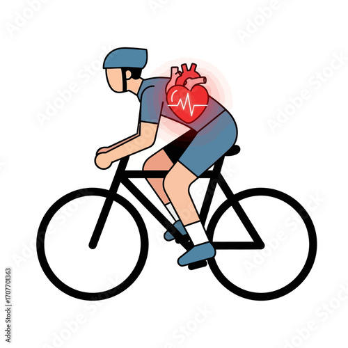 Cyclist riding a bicycle with an illustration of a heart, showing cardiovascular activity.