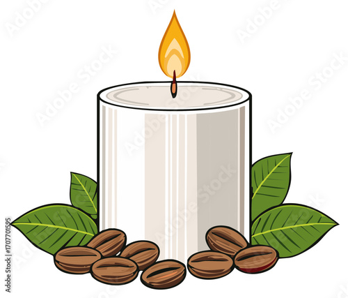 Lit Candle with Coffee Beans and Green Leaves
