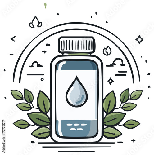 Herbal remedy bottle with water drop and leaf symbols