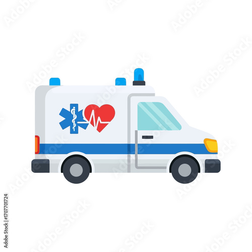 A white ambulance with blue stripes, medical symbols, and flashing lights.