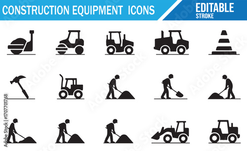 Heavy machinery and worker icons for building, roadwork, and engineering projects