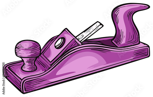 Purple hand plane tool illustration, carpentry equipment, woodworking device, metal blade and smooth wooden finish