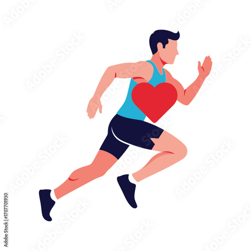 A stylized illustration of a man running with a red heart superimposed on his chest, representing cardiovascular health.