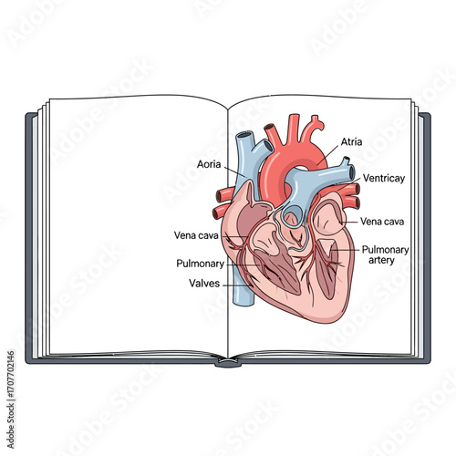 Detailed anatomical illustration of a human heart, open book, educational diagram.