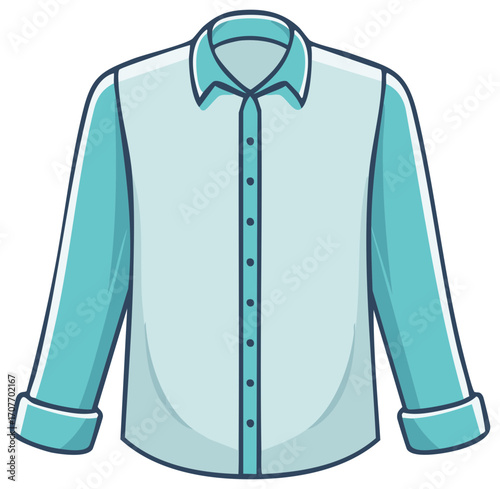 Turquoise long-sleeved collared button-up shirt with rolled cuffs cartoon illustration
