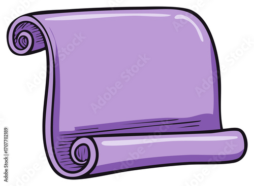 Aesthetic Purple paper scroll parchment with curled edges for medieval fantasy decoration and design template, isolated