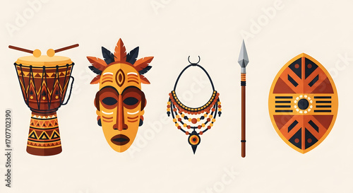 African Cultural Symbols Drums, Masks, and Traditional Artifacts Vector Illustration for Design