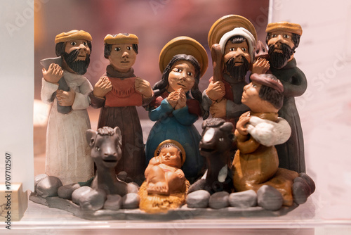 Fotografie Clay figurines of Joseph, Mary,Jesus and magi Christmas creche
