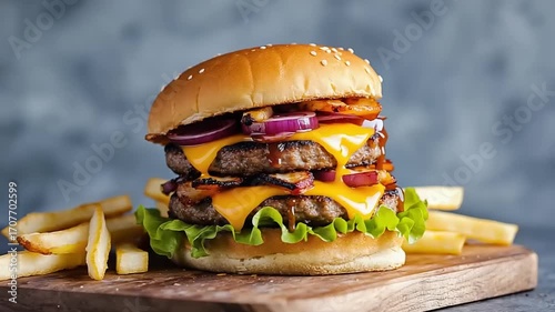 Delicious, towering cheeseburger with fries on wooden board