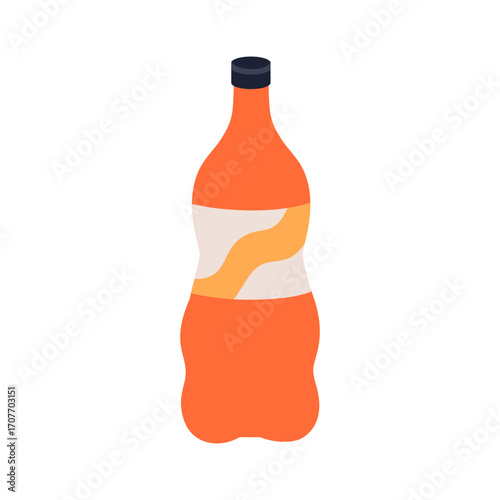 Soda drink in bottle. Orange fruit lemonade, cold summer refreshment, beverage. Sweet sugar juice, refreshing infused water in sealed packaging. Flat vector illustration isolated on white background