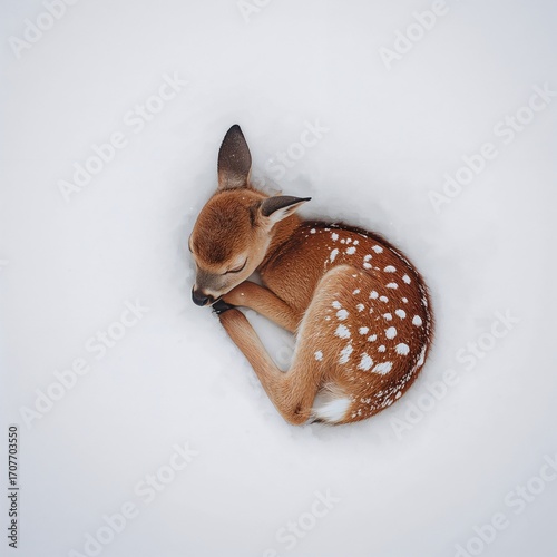 Baby Fawn Lying in Snow Top View