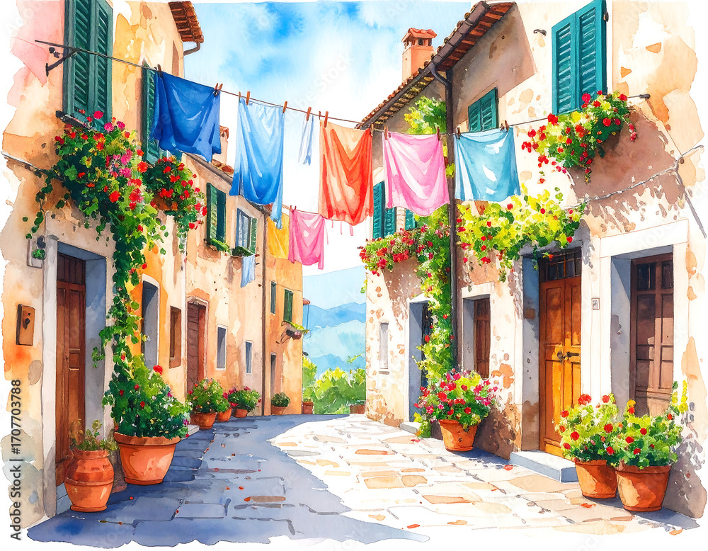 Fototapeta premium Mediterranean Street with Balconies – Watercolor Illustration