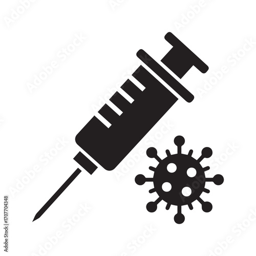 Coronavirus vaccine icon. Syringe and virus cell glyph representing immunization, COVID-19 treatment, and pandemic prevention.
