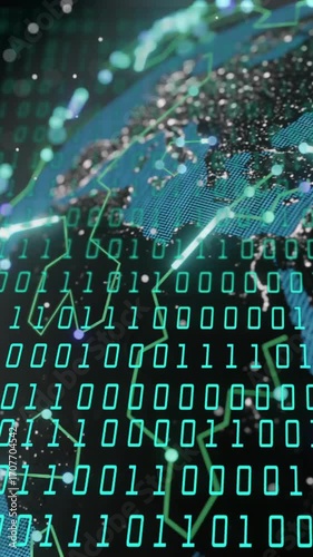 Binary code and digital globe, data processing animation