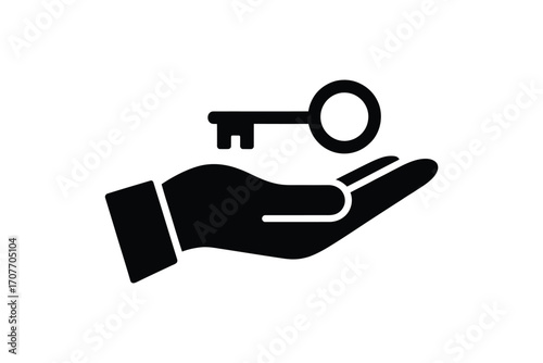 Hand offering a key icon symbolizing access and solutions