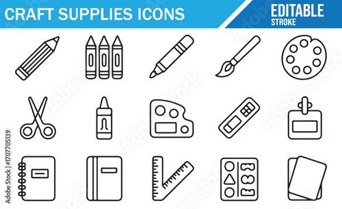 Stationery and art tool icons set with drawing, coloring, and painting items