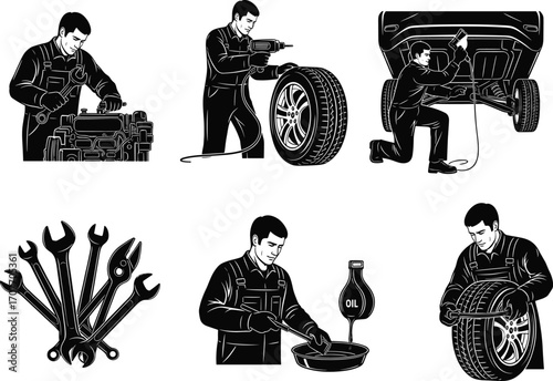 Professional auto mechanic working, car repair tools, engine maintenance, oil change, tire service, workshop, black and white illustration set.