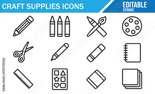 Creative hobby supplies icons for art education, workshops, and handmade design
