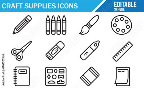 Drawing and painting icon pack featuring crayons, notebook, and craft tools