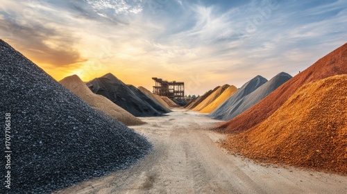 Colorful Piles of Raw Materials Under a Sunset Sky in Industrial Area