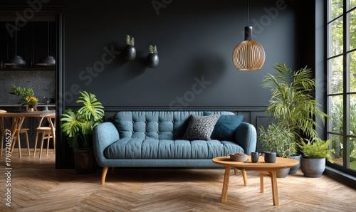 Dark, moody living room with a teal sofa, wooden accents, and lush plants