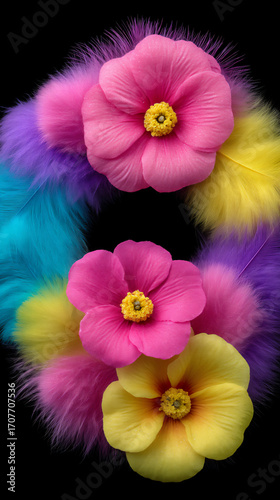 vibrant feathers tropical flowers circular frame.