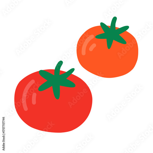 A simple and colorful illustration featuring two tomatoes with green stems.
