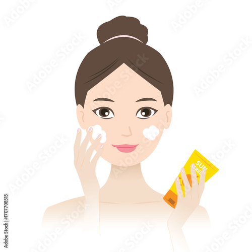 Cute cartoon woman applying sunscreen cream with gentle hand on face vector illustration. Skincare, UV protection, beauty routine, cosmetic and self care concept for summer and daily skin protection.