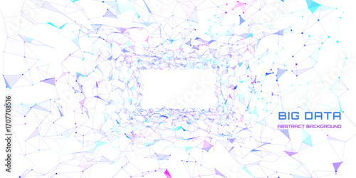 Futuristic background  from plexus  3D wireframe square tunnel with lines connecting data point. Concept big data color grid on white.