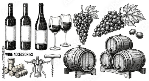 Engraved illustration of wine accessories including bottles, glasses, grapes, barrels, corks, and a corkscrew.