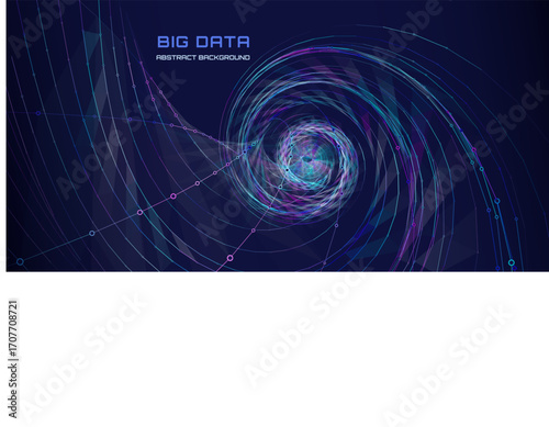 Abstract grid helix from color polygons in dark cyberspace. Futuristic wortex shape wireframe connecting dots.
