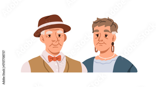 Old senior couple. Elderly husband and wife. Elder aged gray-haired people, head portrait, grandmother and grandfather, married man and woman. Flat vector illustration isolated on white background