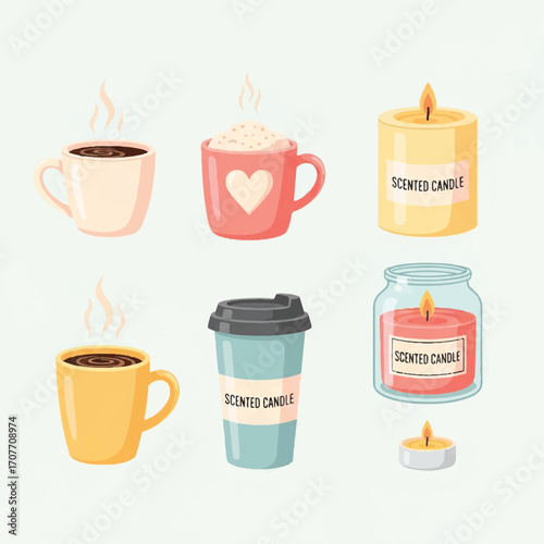 Colorful flat lay of steaming coffee cups and scented candles on a clean white background for Breast Cancer Awareness Month with warm tones.