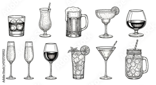 An array of ten different alcoholic beverages, presented as detailed black and white line drawings, including cocktails, beer, wine, and mixed drinks.