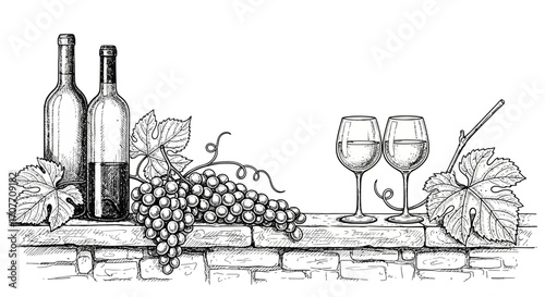 Two wine bottles, a bunch of grapes, and two wine glasses are arranged on a brick wall in a detailed sketch.
