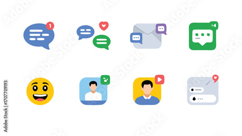 A Collection of Digital Communication and Social Media Interface Icons Representing Messages Users Profiles Emotions and Notifications