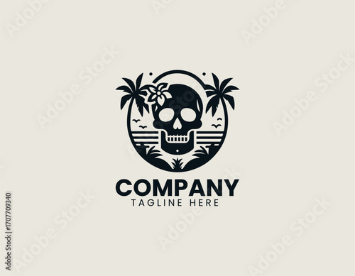logo shows skull shape with tropical beach palm trees and flowers